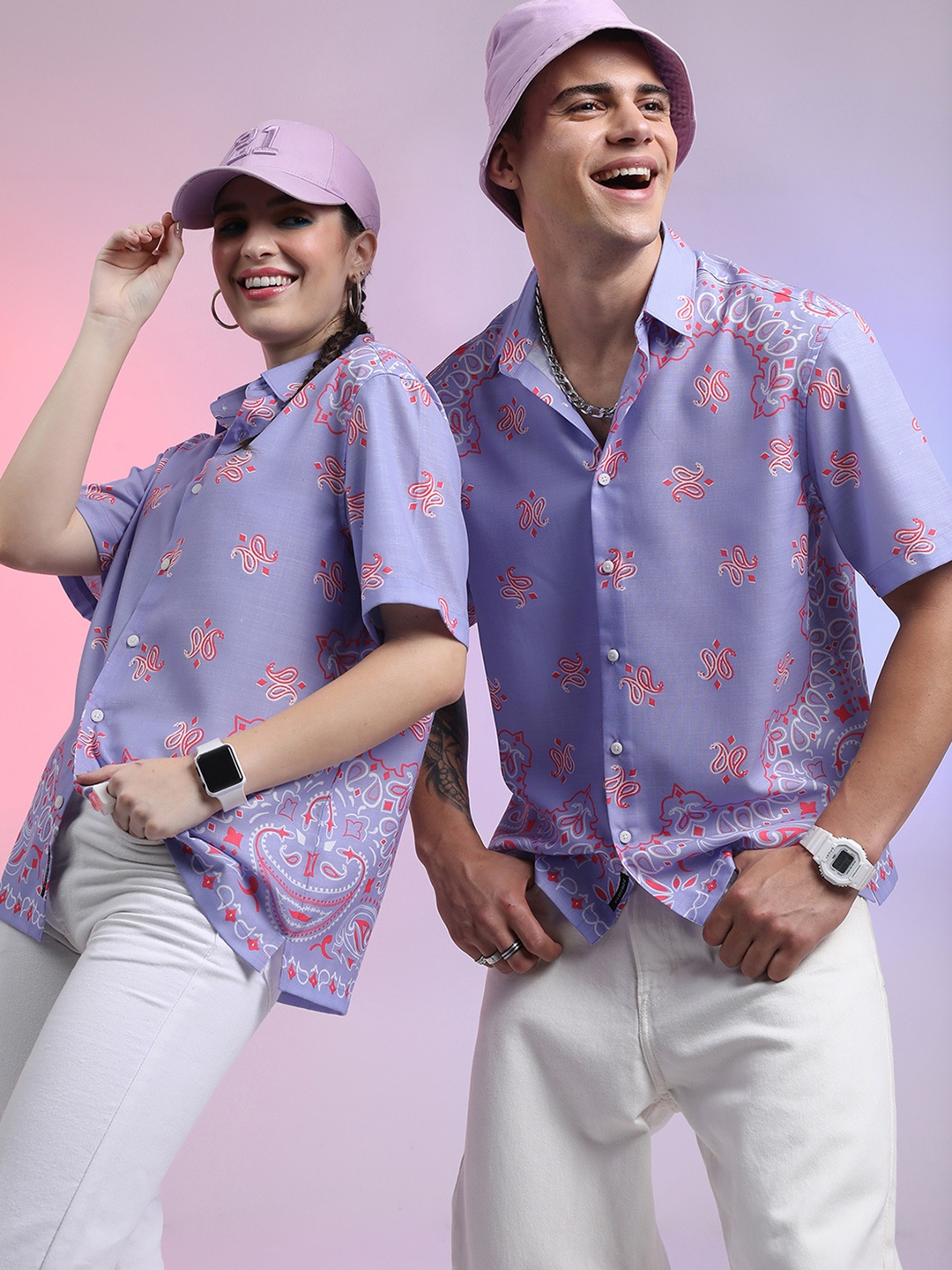 

HIGHLANDER Unisex Floral Printed Boxy Drop-Shoulder Casual Shirt, Lavender