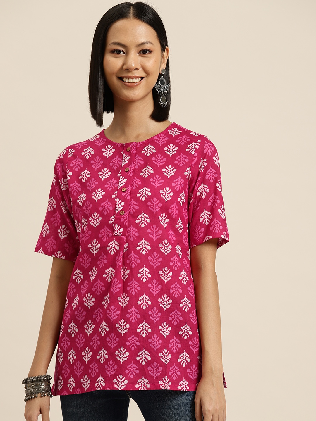 

HERE&NOW Floral Printed Pure Cotton Kurti, Pink