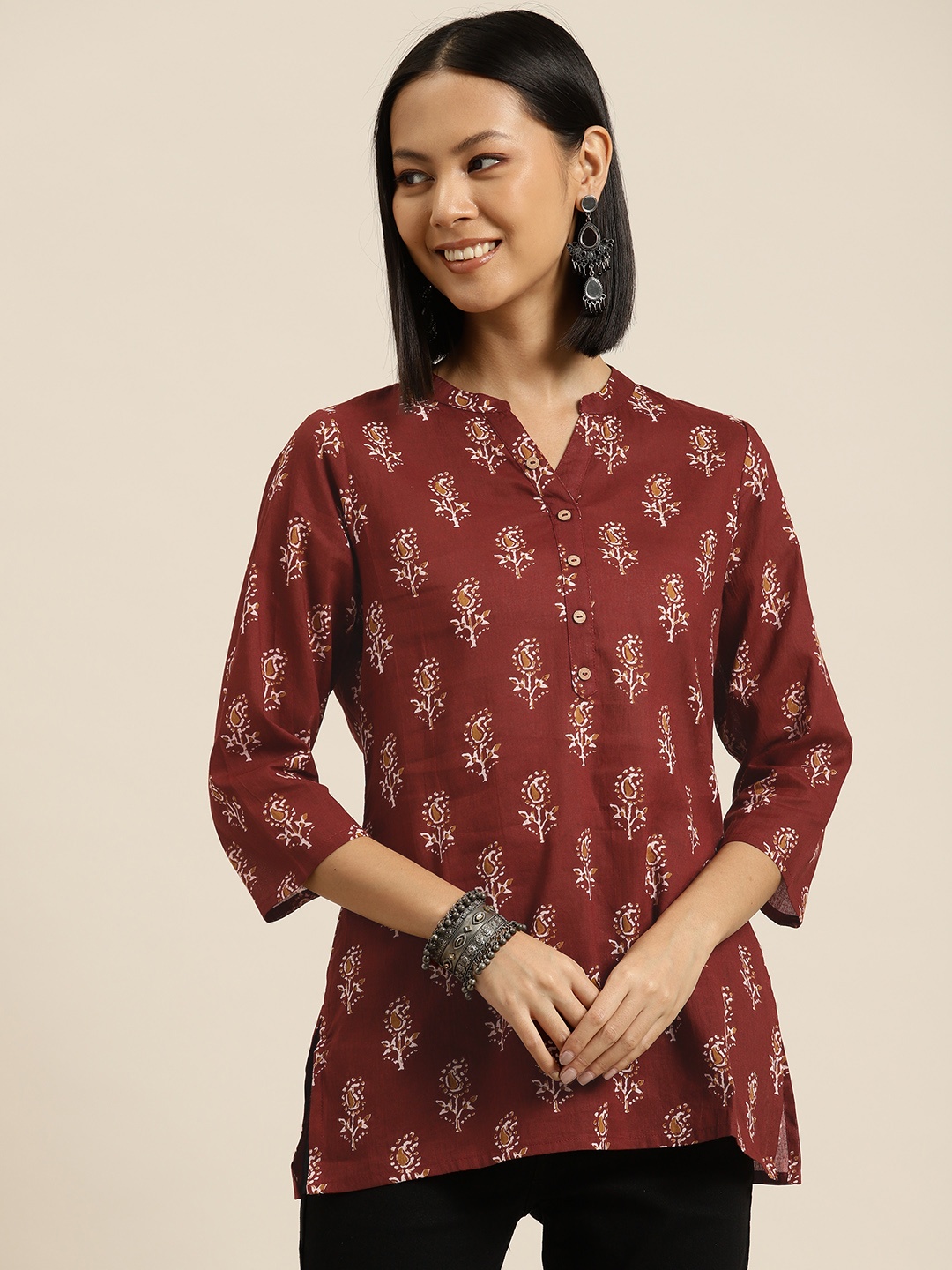 

HERE&NOW Floral Printed Pure Cotton Kurti, Brown