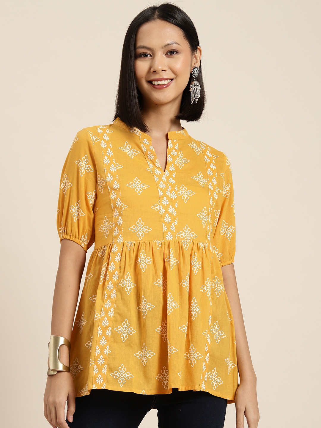 

HERE&NOW Floral Printed Pure Cotton Pleated Kurti, Yellow