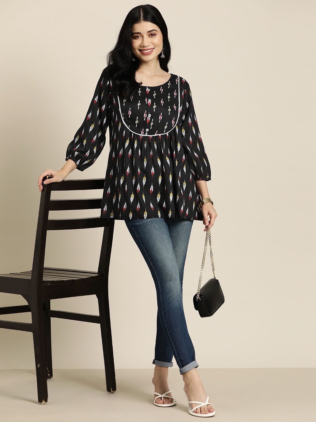 

HERE&NOW Wome Ethnic Motifs Printed A-Line Kurti, Black