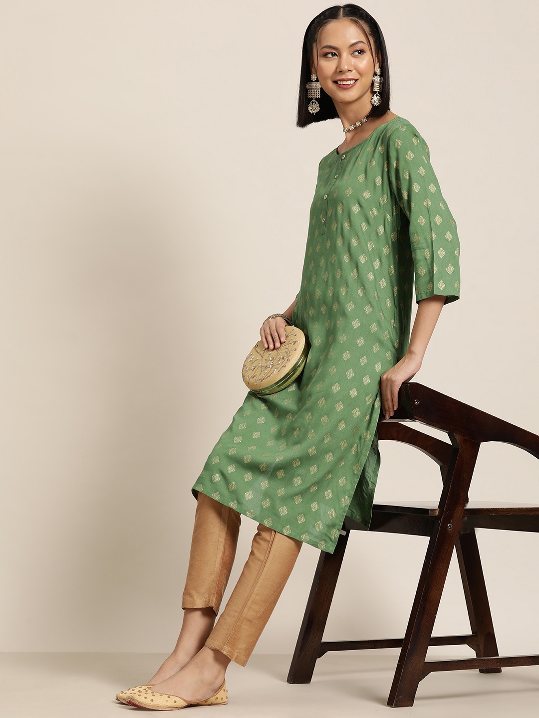 

HERE&NOW Foil Print Straight Kurta, Green