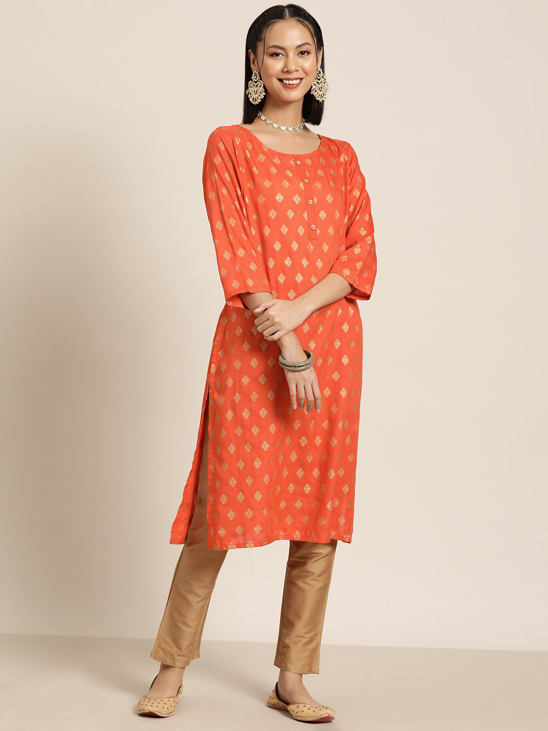 

HERE&NOW Women Ethnic Motifs Printed Straight Kurta, Orange