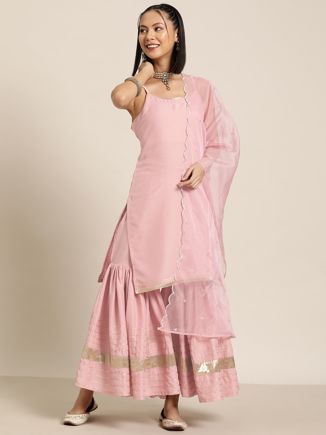 

HERE&NOW Gotta Patti Kurta with Sharara & Dupatta, Pink