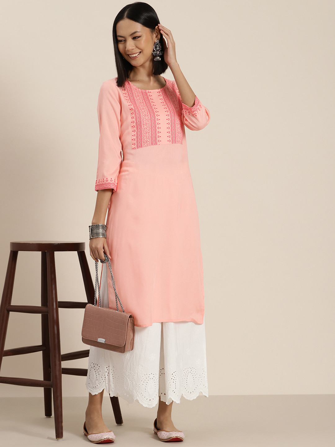 

HERE&NOW Women Ethnic Motifs Yoke Design Kurta, Peach