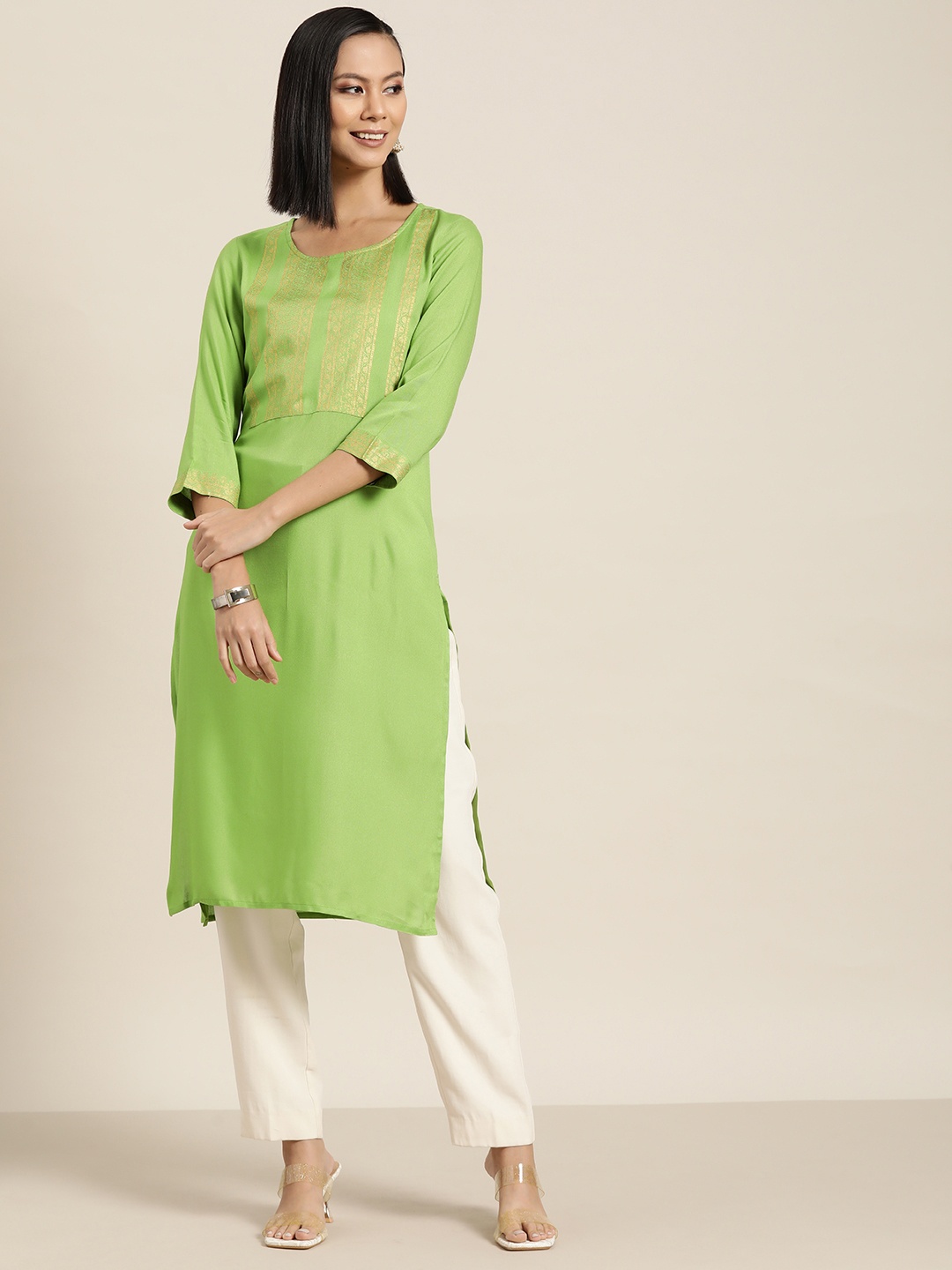 

HERE&NOW Ethnic Motifs Yoke Print Kurta, Green