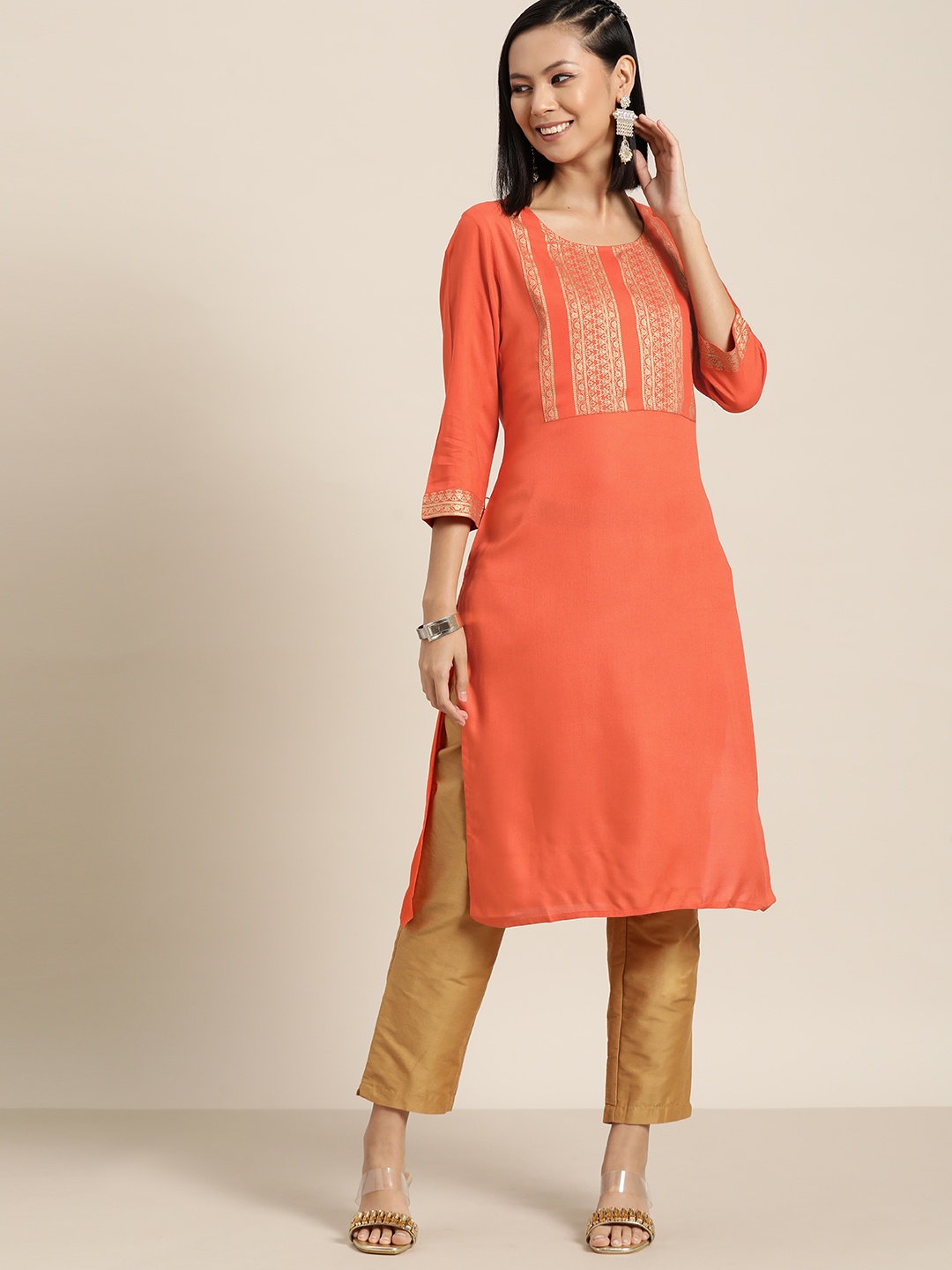 

HERE&NOW Ethnic Motifs Yoke Print Kurta, Orange