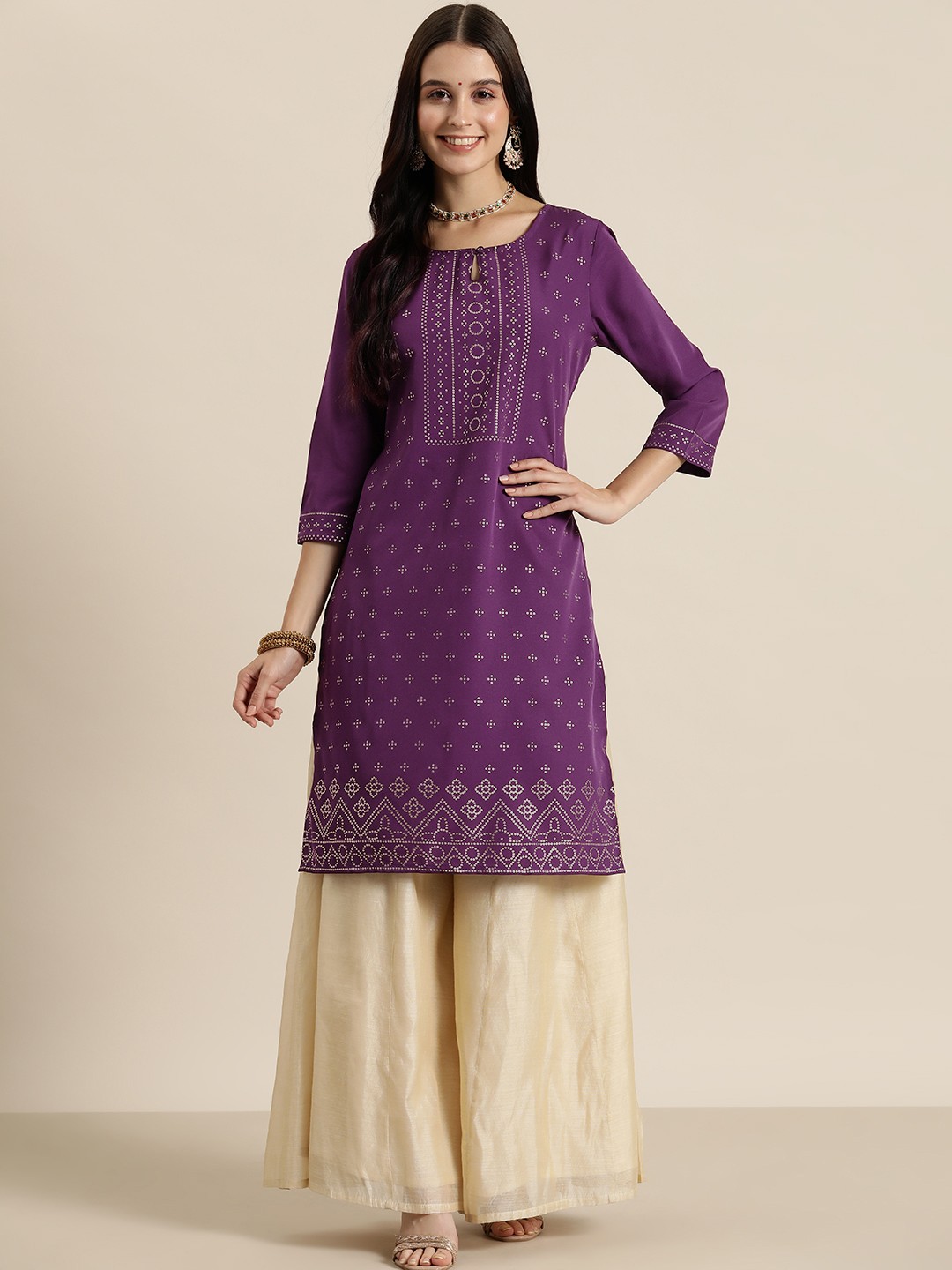

HERE&NOW Ethnic Motifs Print Keyhole Neck Kurta, Purple