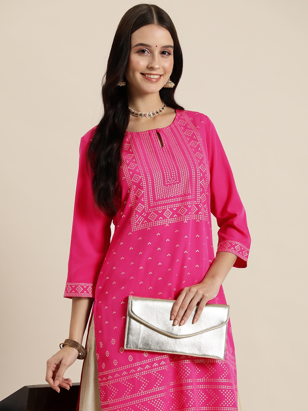 

HERE&NOW Ethnic Motifs Print Keyhole Neck Kurta, Pink