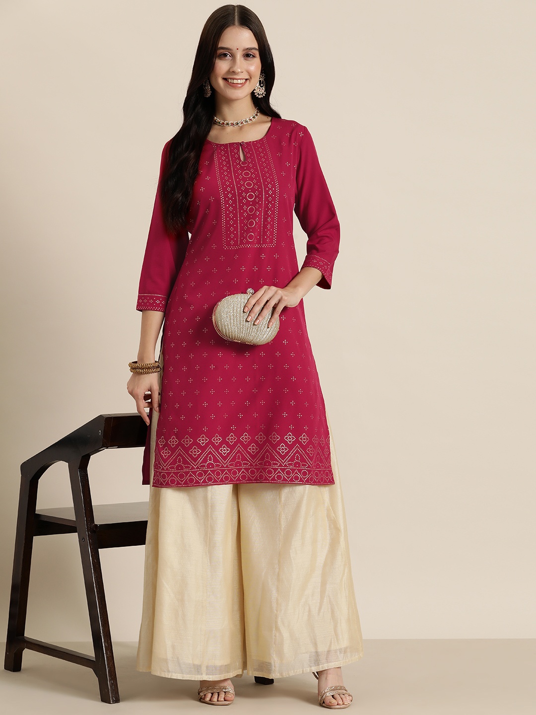 

HERE&NOW Ethnic Motifs Print Keyhole Neck Kurta, Maroon
