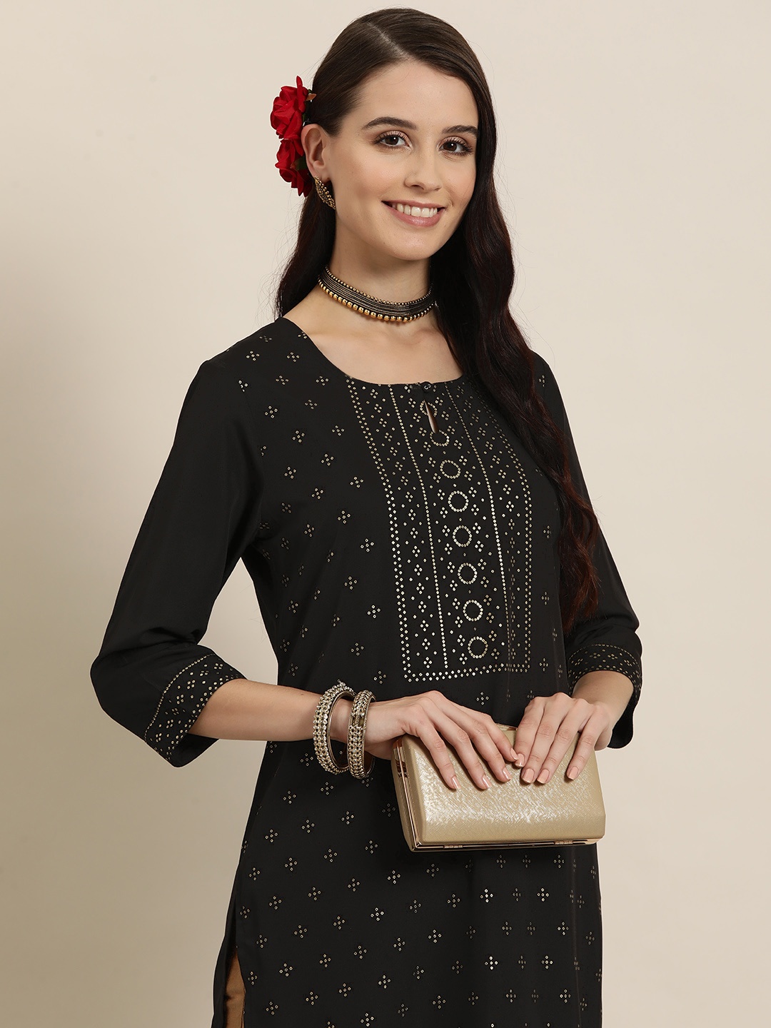 

HERE&NOW Ethnic Printed Keyhole Neck Kurta, Black