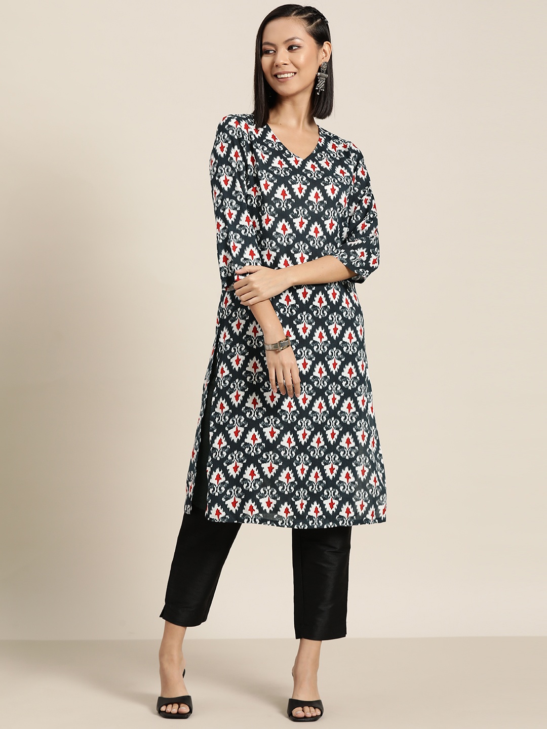 

HERE&NOW Ethnic Motifs Printed Pure Cotton Kurta, Navy blue