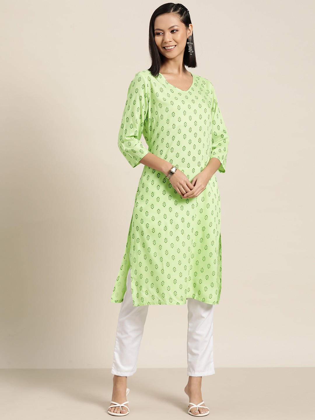 

HERE&NOW Ethnic Motifs Printed Straight Kurta, Green