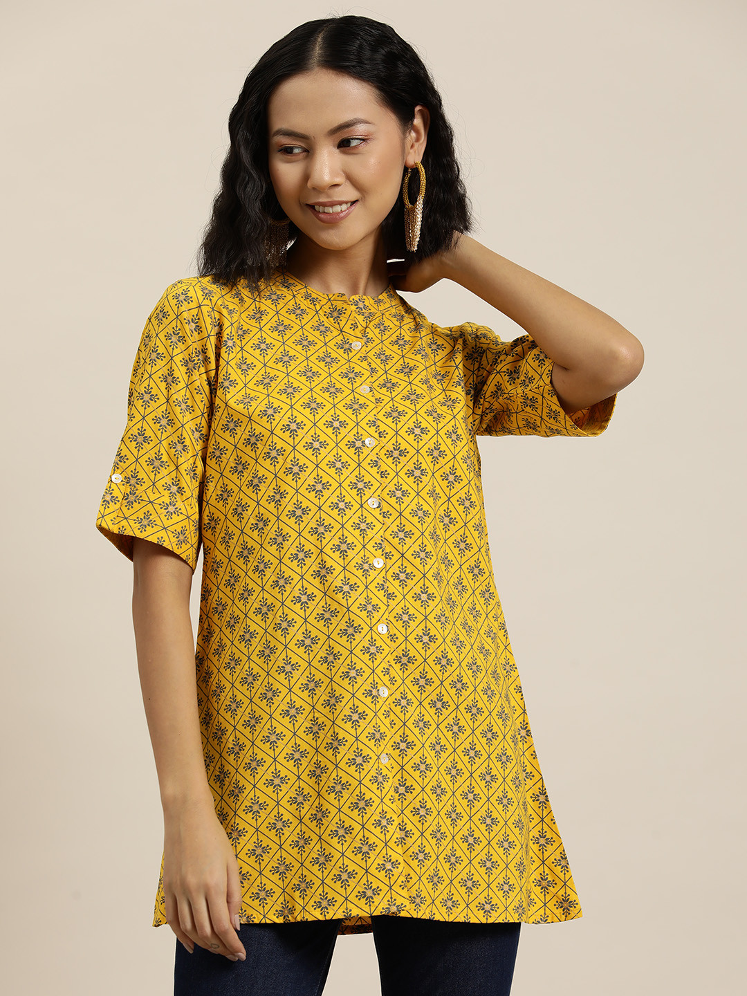 

HERE&NOW Ethnic Motifs Printed Front Open Kurti, Mustard
