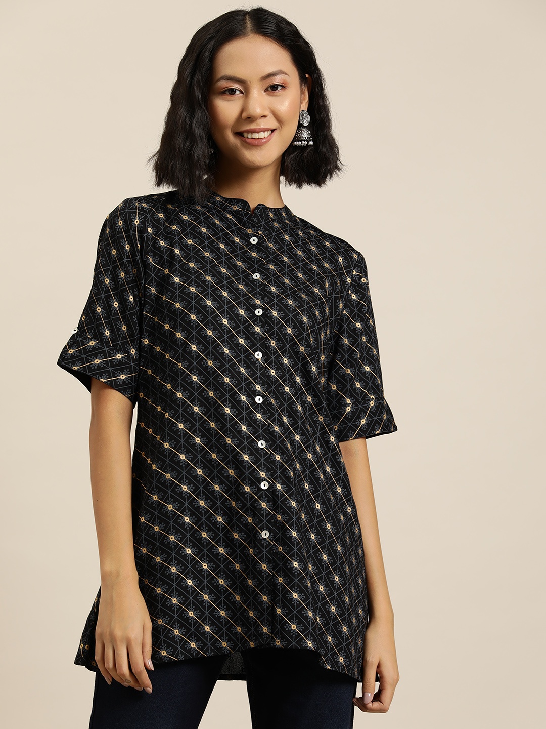 

HERE&NOW Ethnic Motifs Printed Front Open Kurti, Navy blue