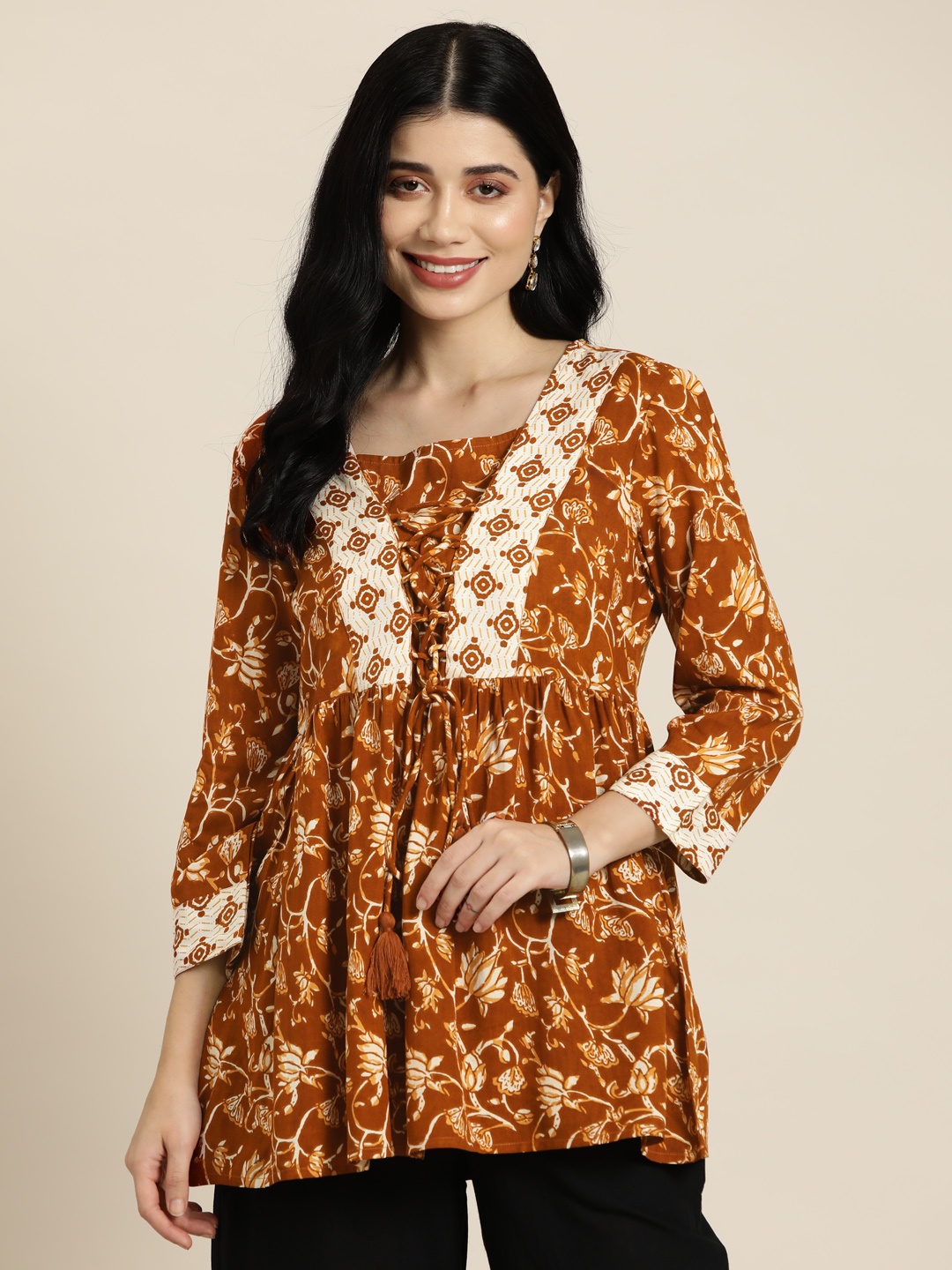 

HERE&NOW Floral Print Pleated Kurti, Rust