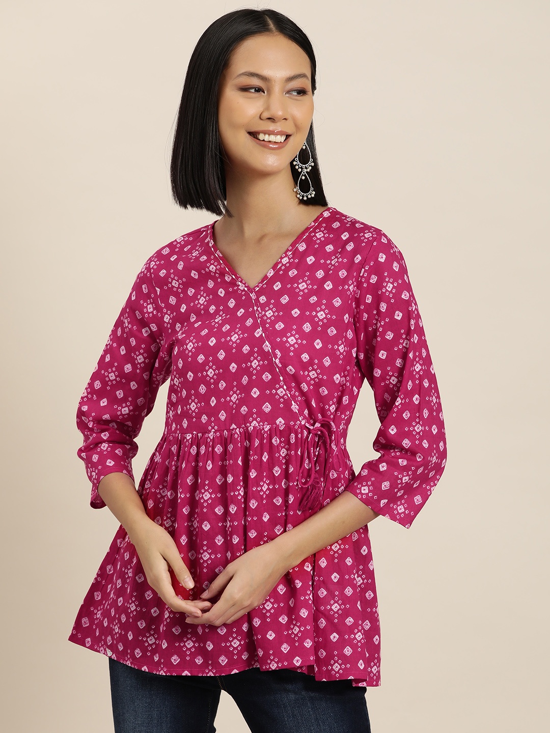 

HERE&NOW Ethnic Motifs Printed Pure Cotton Angrakha Kurti, Magenta