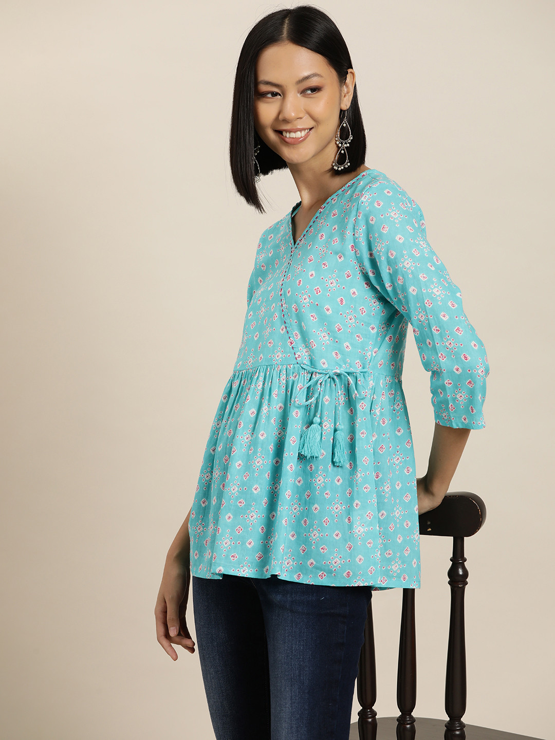 

HERE&NOW Ethnic Motifs Printed Pure Cotton Angrakha Kurti, Blue