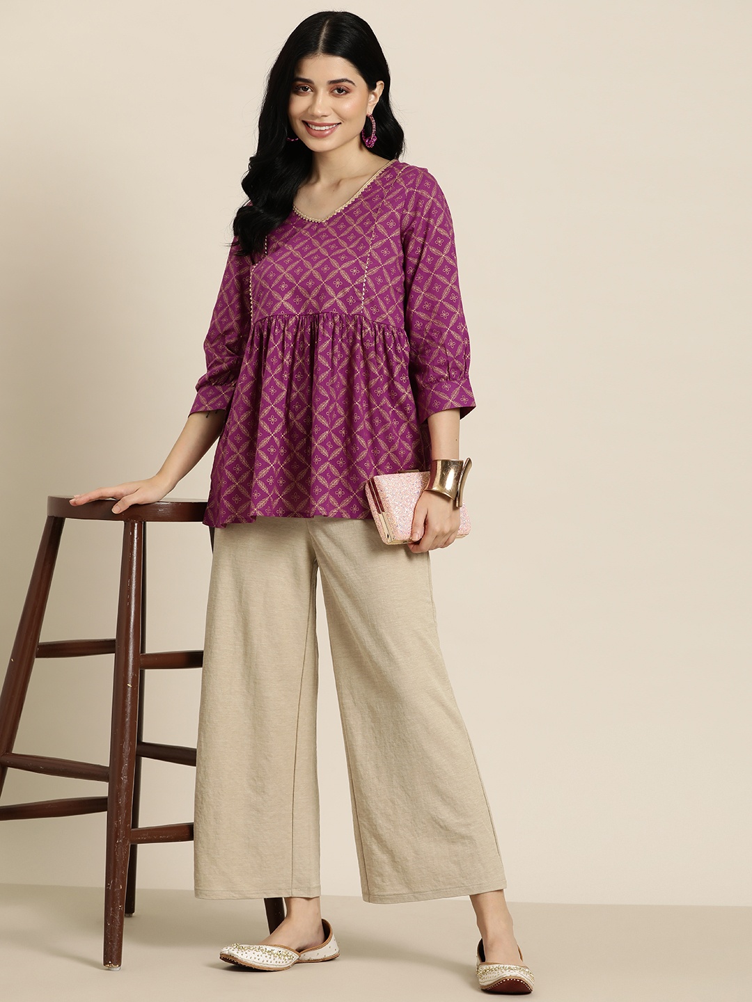 

HERE&NOW Ethnic Motifs Printed Pure Cotton Pleated Kurti, Purple
