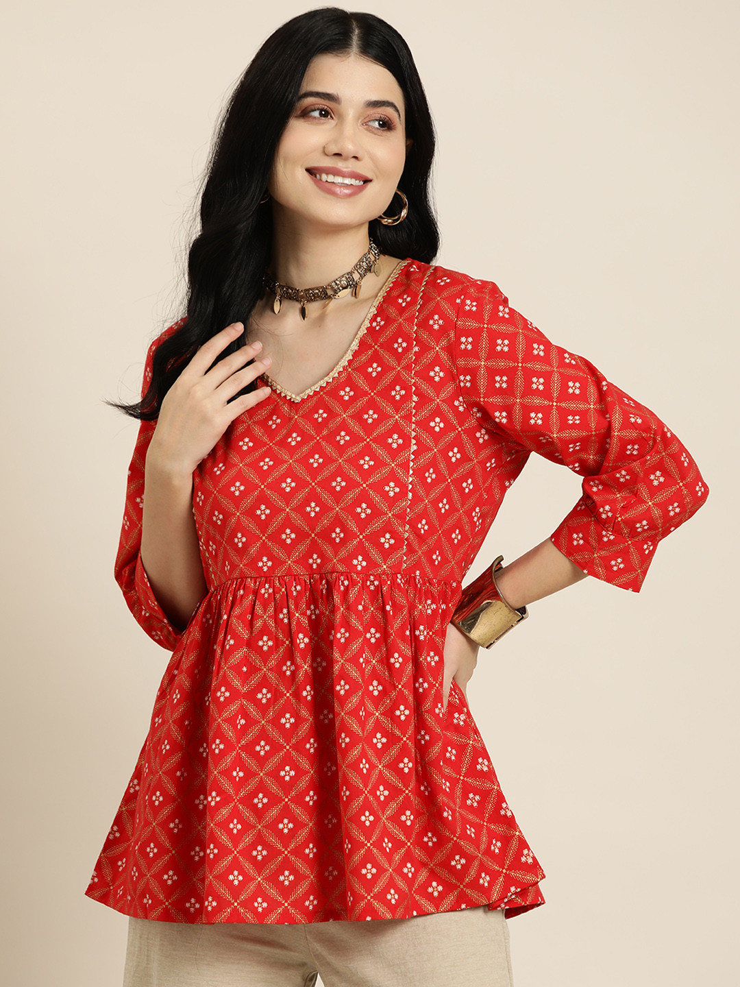 

HERE&NOW Ethnic Motifs Printed Pure Cotton Pleated Kurti, Red