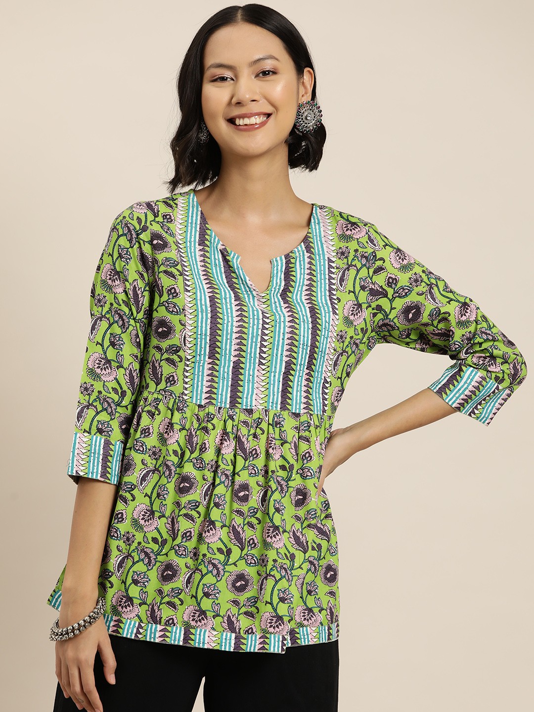 

HERE&NOW Ethnic Motifs Printed A-Line Kurti, Green