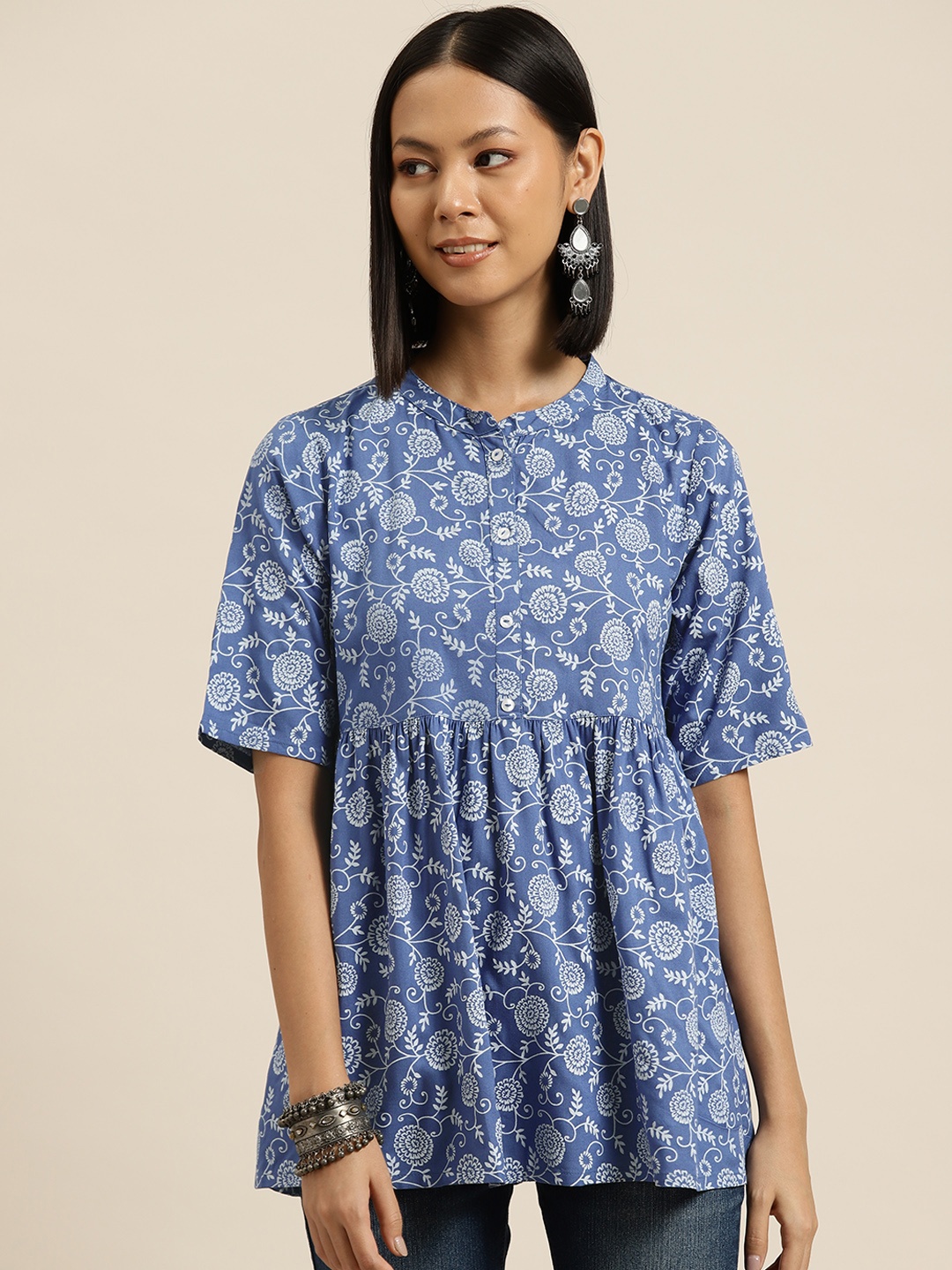 

HERE&NOW Floral Printed A-Line Kurti, Blue