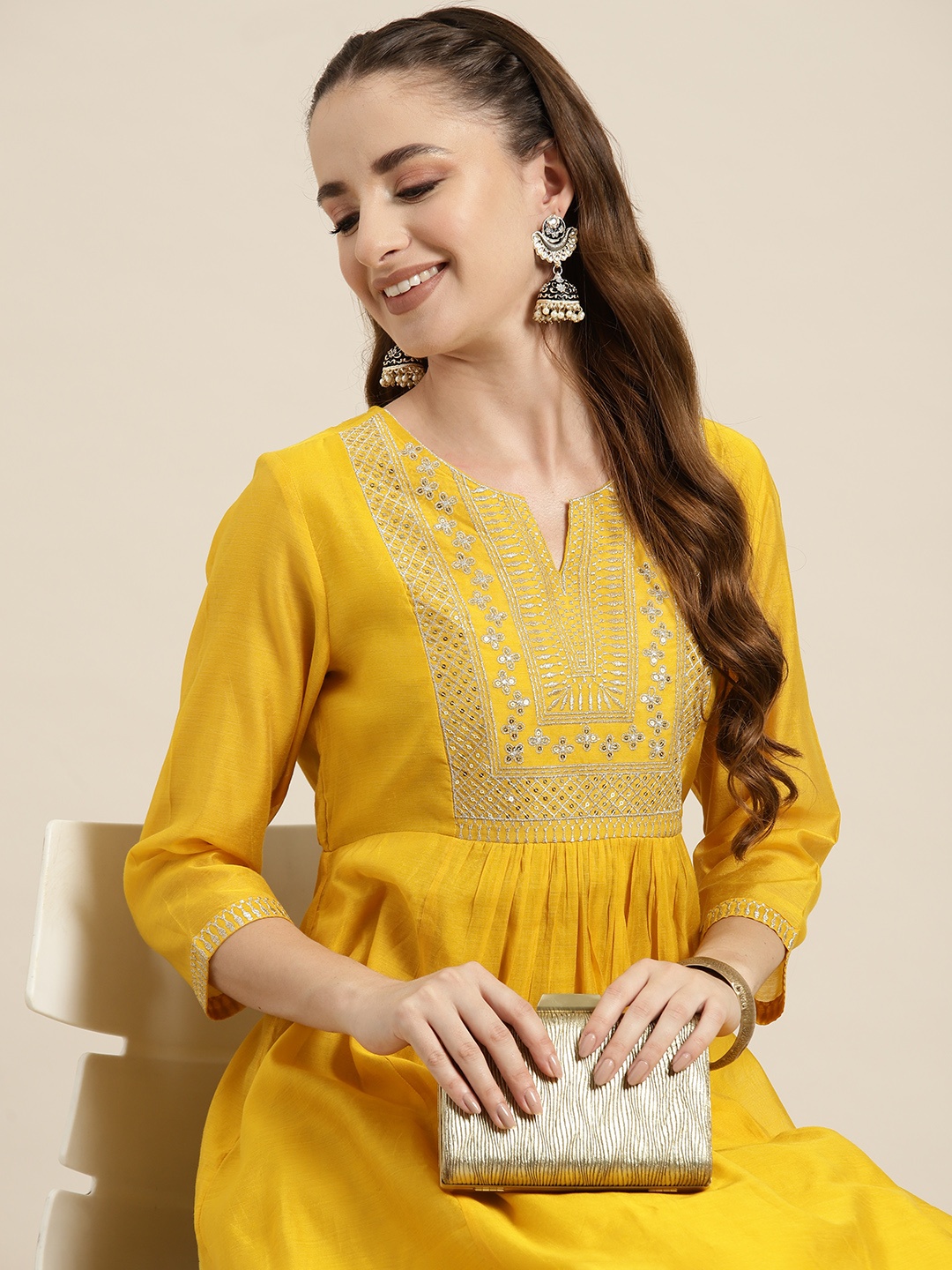 

HERE&NOW Women Embroidered Sequinned Kurta, Yellow