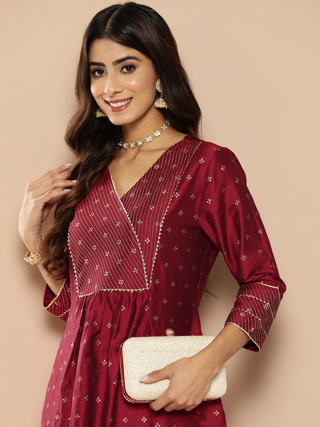 

HERE&NOW Women Ethnic Motifs Printed Gotta Patti Kurta, Red