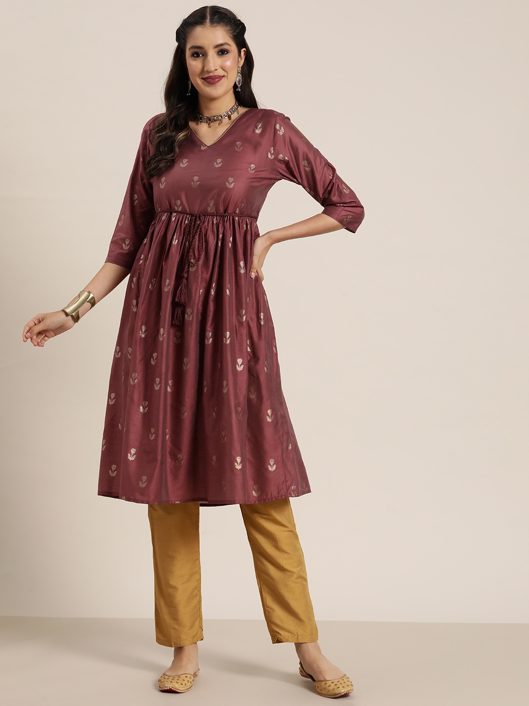 

HERE&NOW Ethnic Motifs Printed A-Line Kurta, Brown