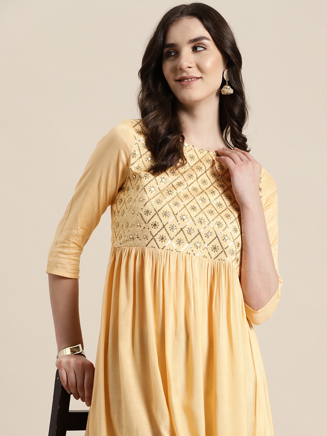 

HERE&NOW Sequined Mirror Work A-Line Kurta, Cream