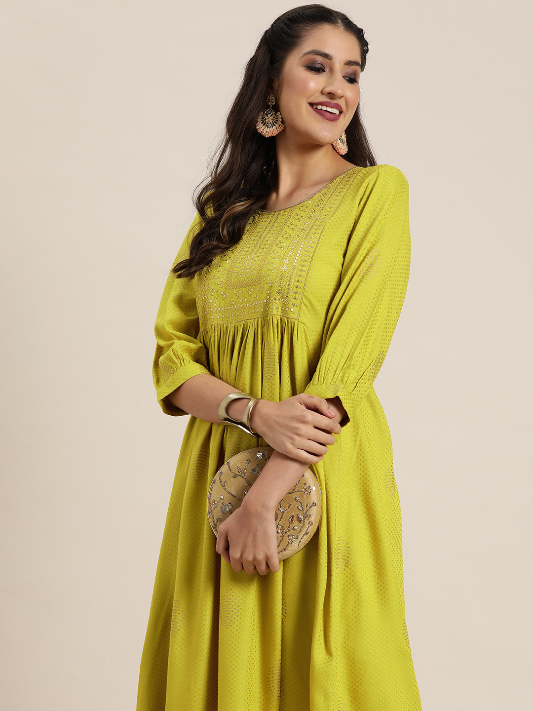 

HERE&NOW Embroidered Sequinned A-Line Kurta, Lime green