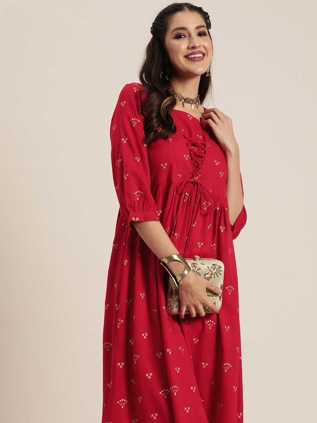 

HERE&NOW Geometric Printed A-Line Kurta, Red