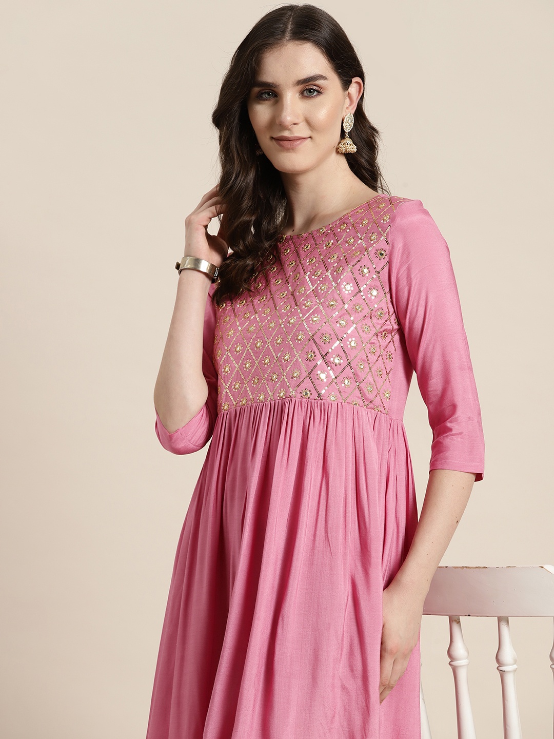 

HERE&NOW Sequined Mirror Work A-Line Kurta, Pink