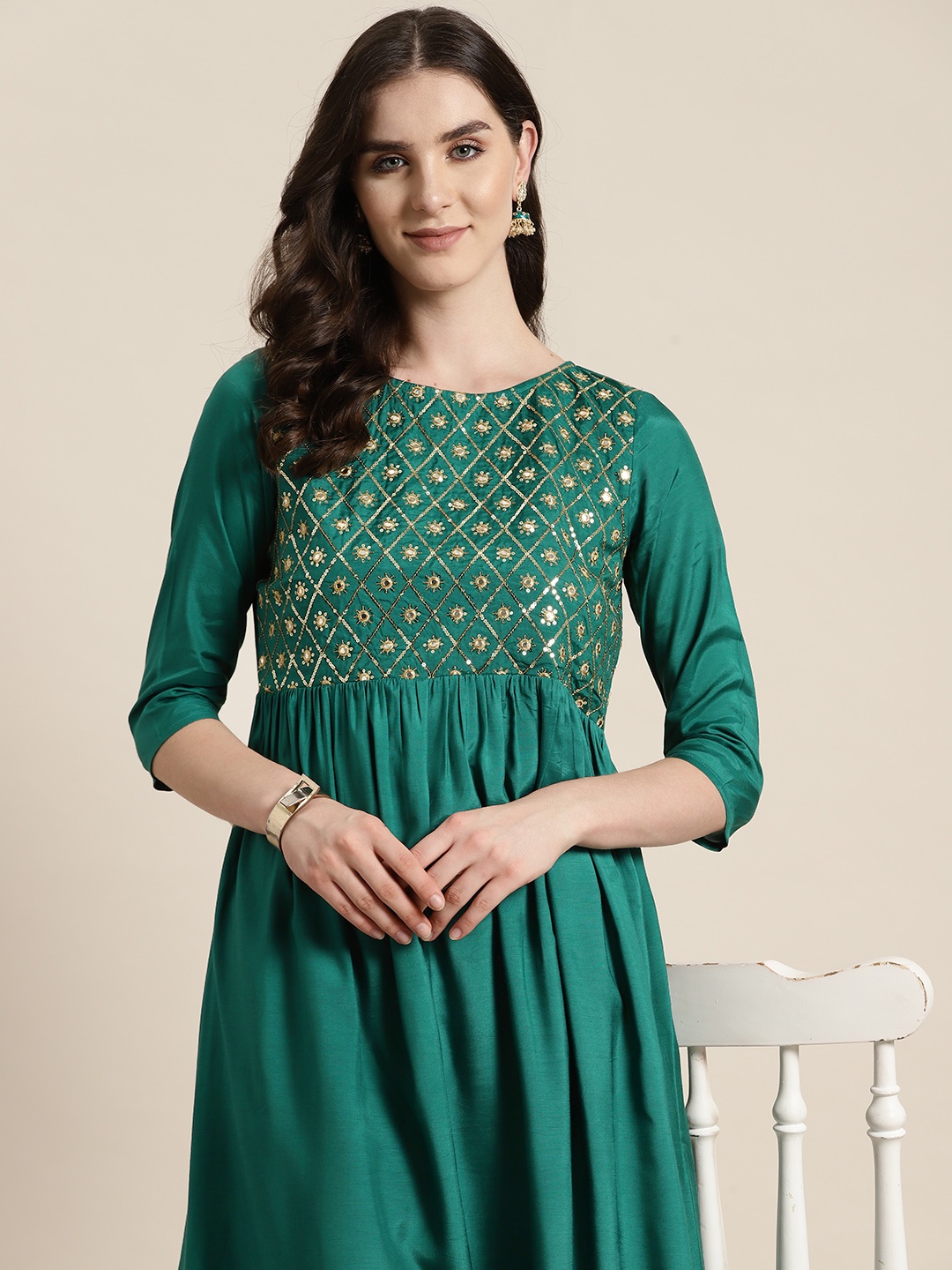 

HERE&NOW Sequined Mirror Work A-Line Kurta, Green