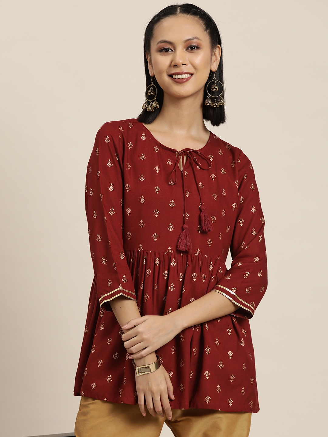 

HERE&NOW Ethnic Motifs Printed Gotta Patti Pure Cotton Pleated Kurti, Maroon