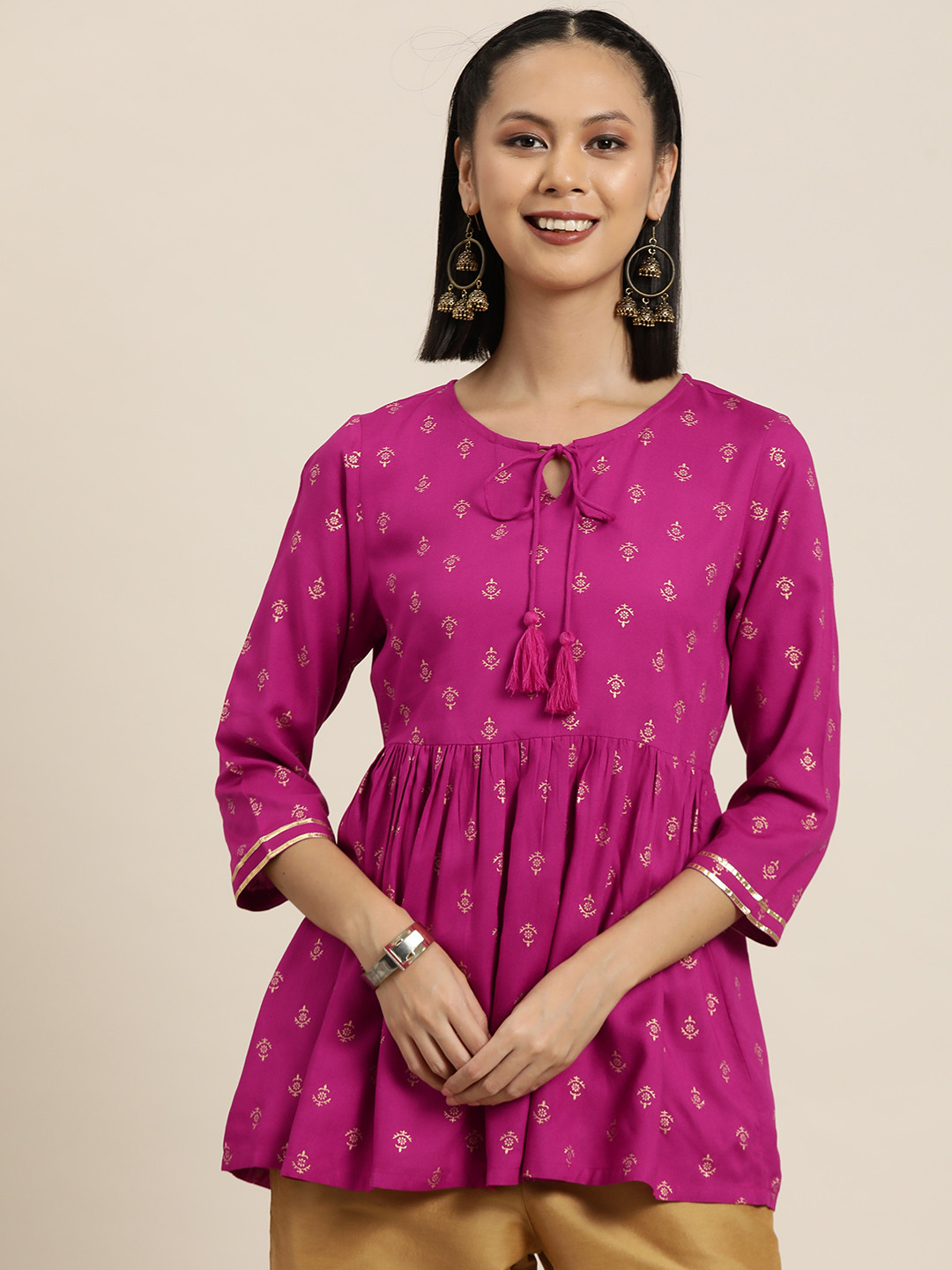 

HERE&NOW Ethnic Motifs Printed Pure Cotton Pleated Kurti, Pink