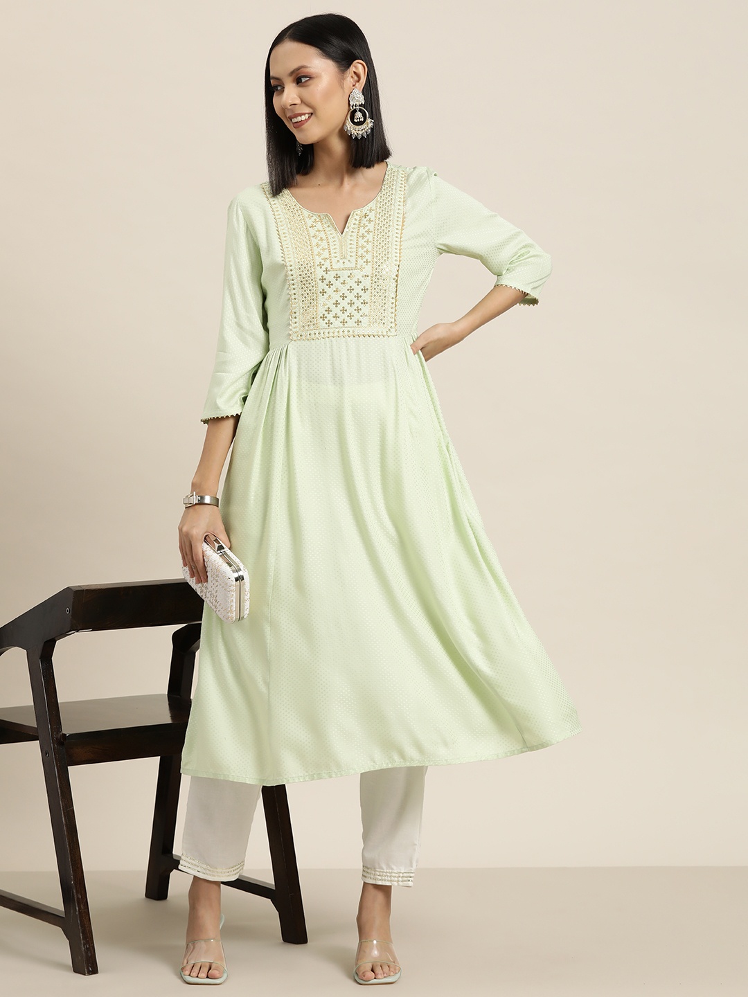 

HERE&NOW Dobby Weave Sequinned A-Line Kurta, Green