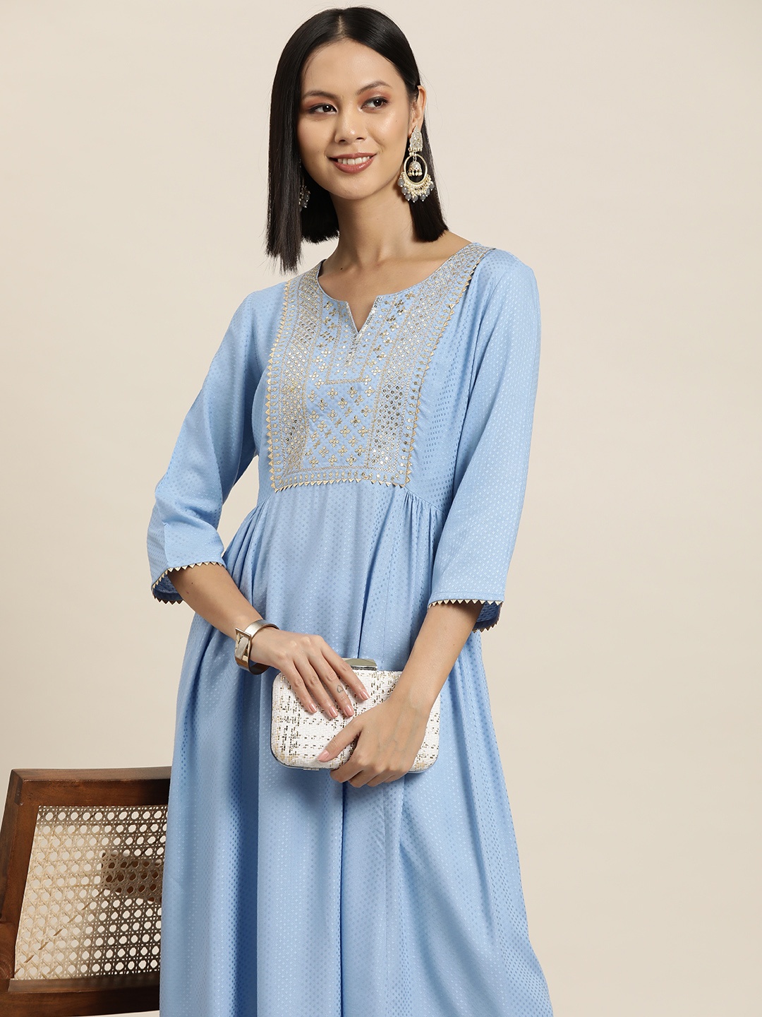 

HERE&NOW Dobby Weave Sequinned A-Line Kurta, Blue