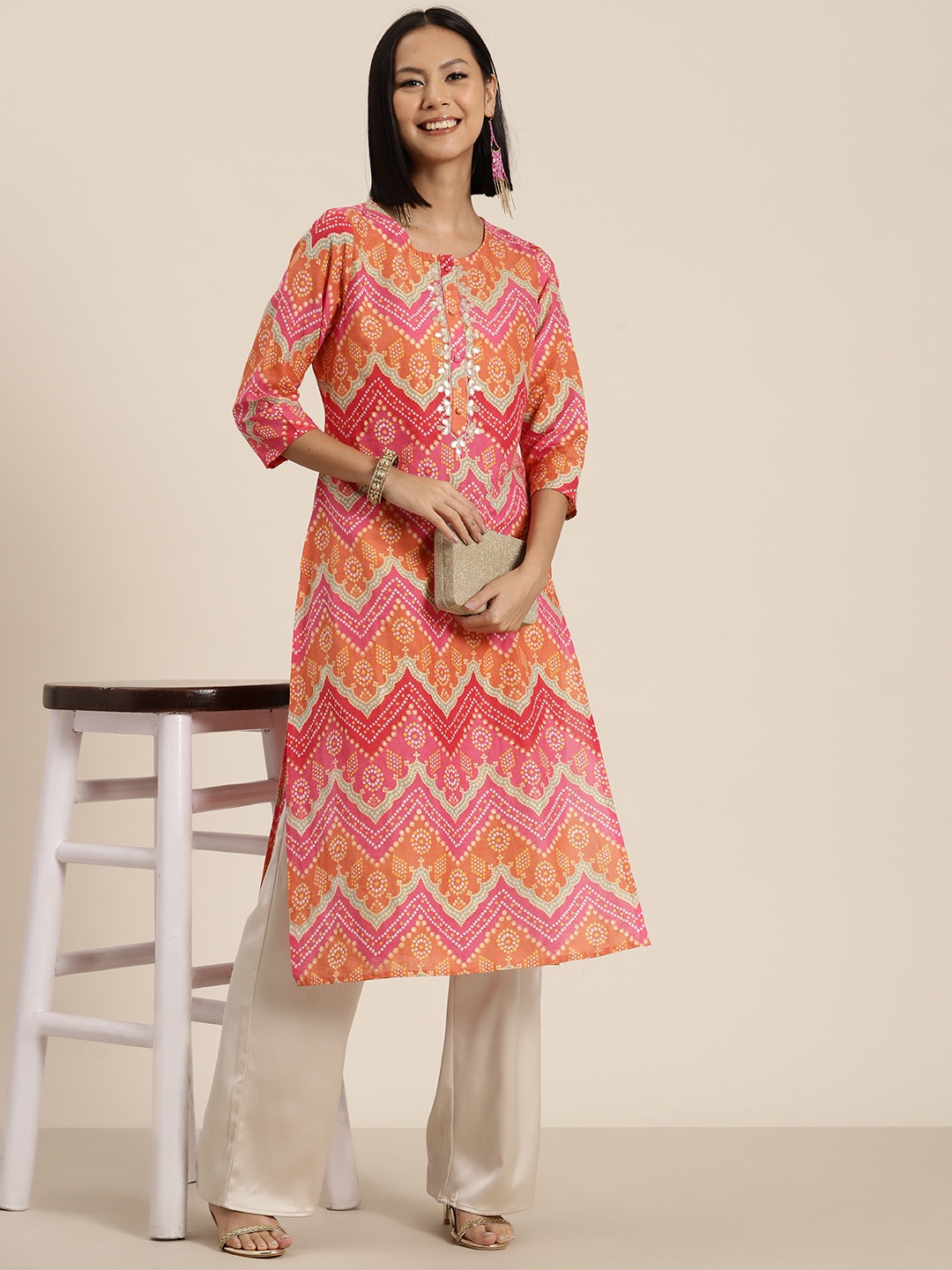 

HERE&NOW Pure Cotton Bandhani Printed Thread Work Kurta, Pink