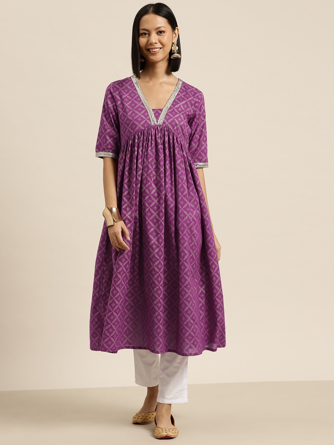 

HERE&NOW Cotton Ethnic Motifs Printed V-Neck A-Line Kurta, Purple