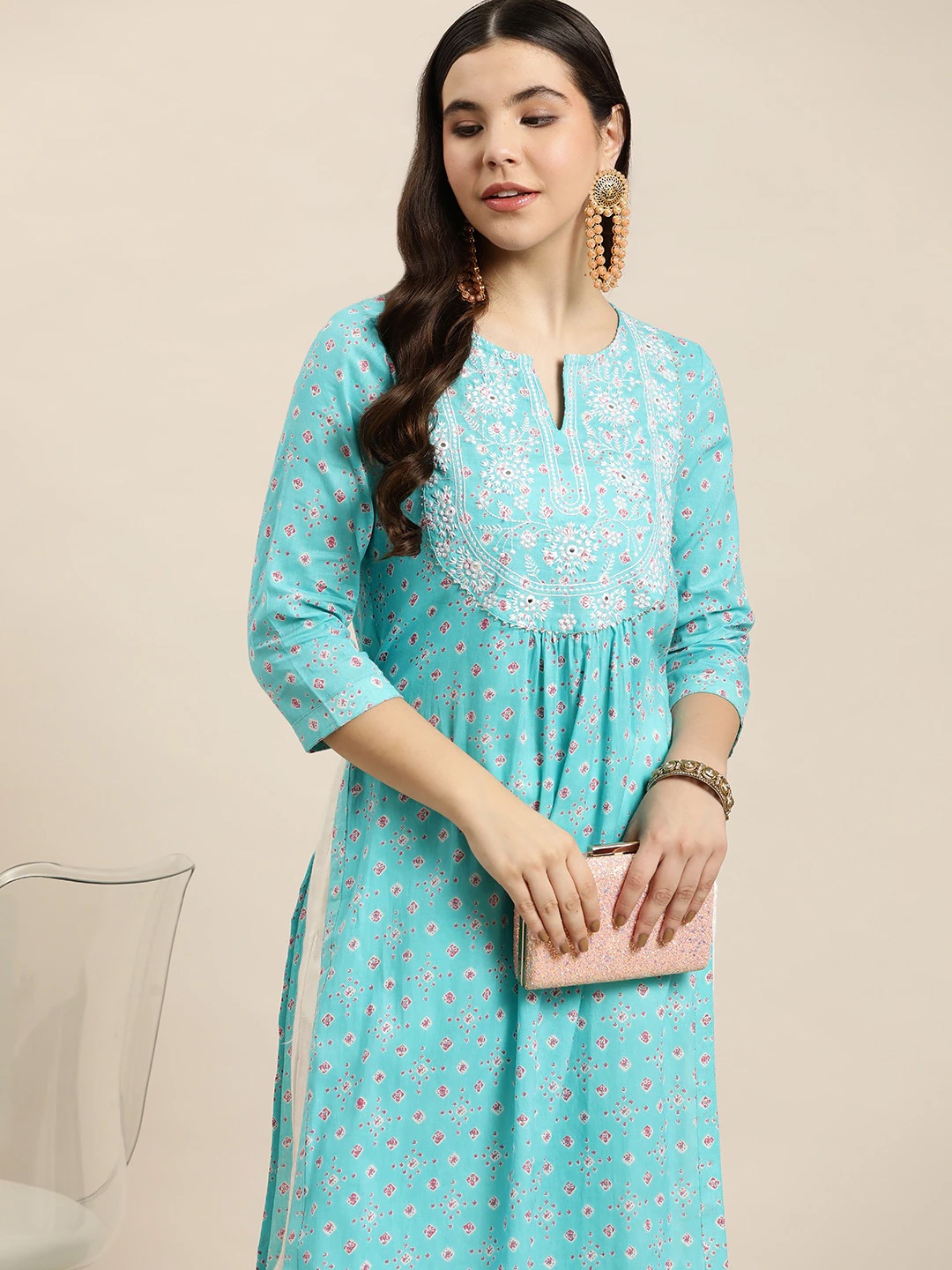 

HERE&NOW Women Pure Cotton Bandhani Print Mirror Work Straight Kurta, Blue