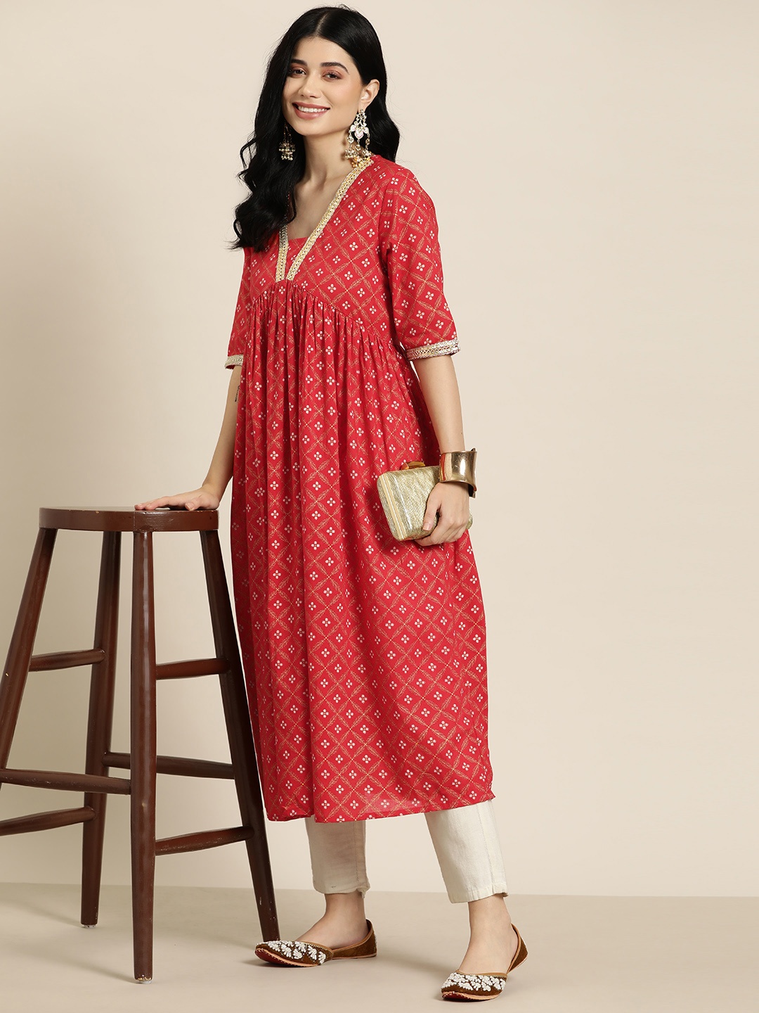 

HERE&NOW Ethnic Motifs Print Cotton Kurta, Red