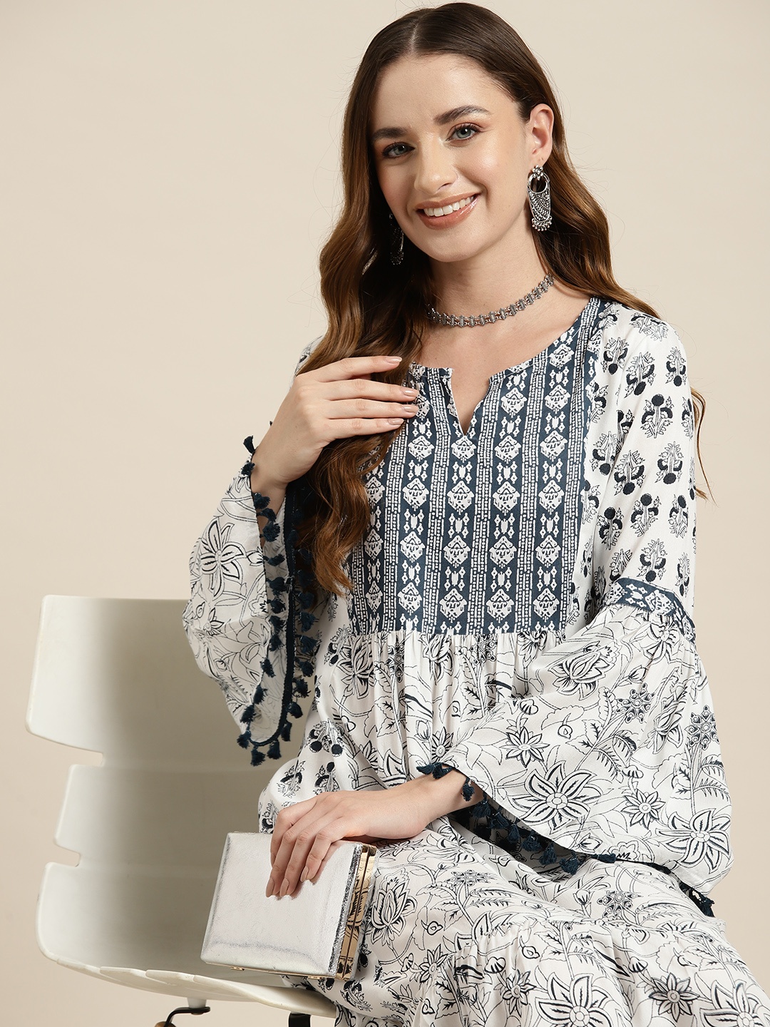 

HERE&NOW Floral Printed Bell Sleeves A-line Ethnic Midi Dress, White