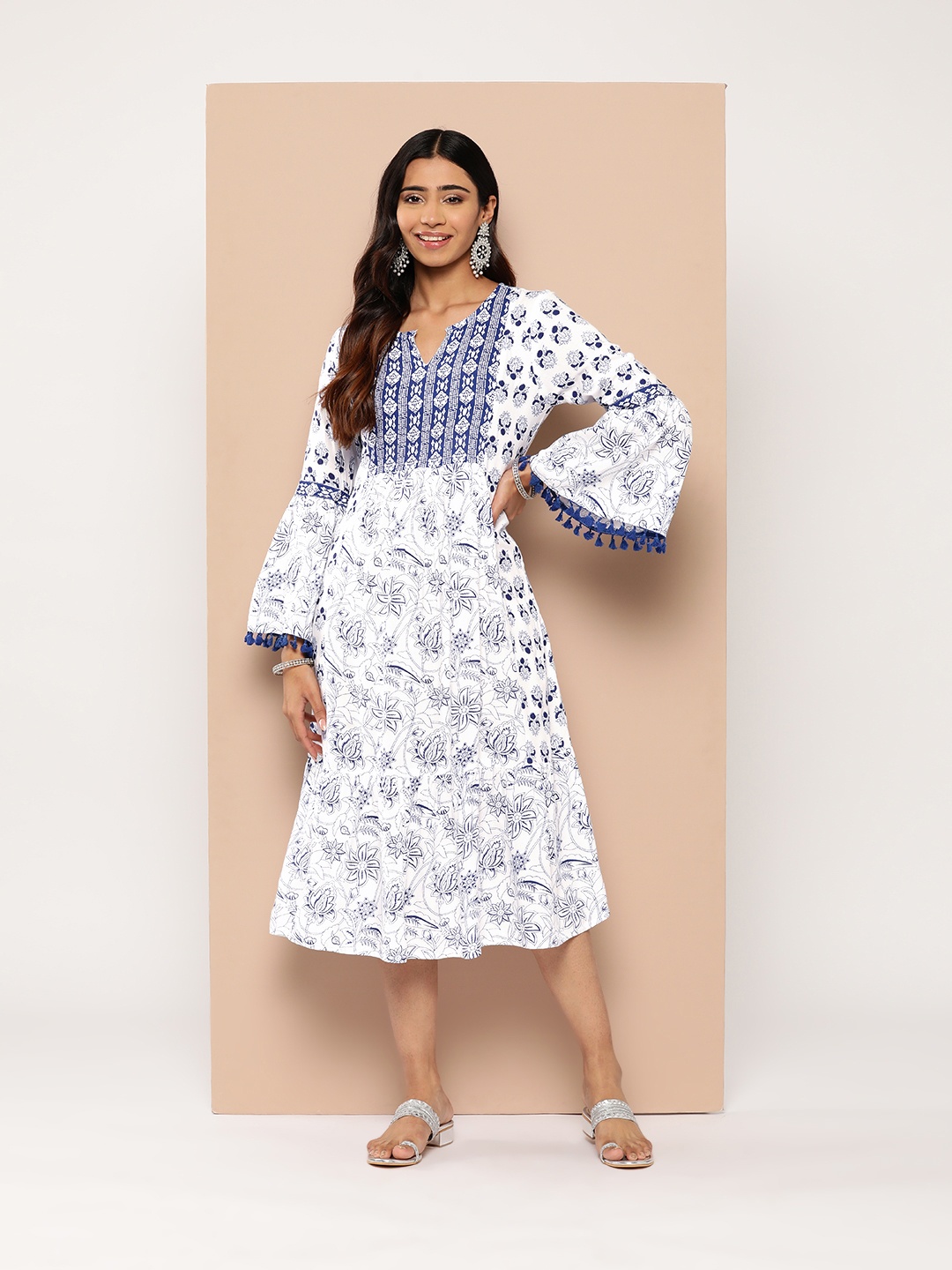 

HERE&NOW Ethnic Motifs Print Bell Sleeves A-Line Midi Dress, White