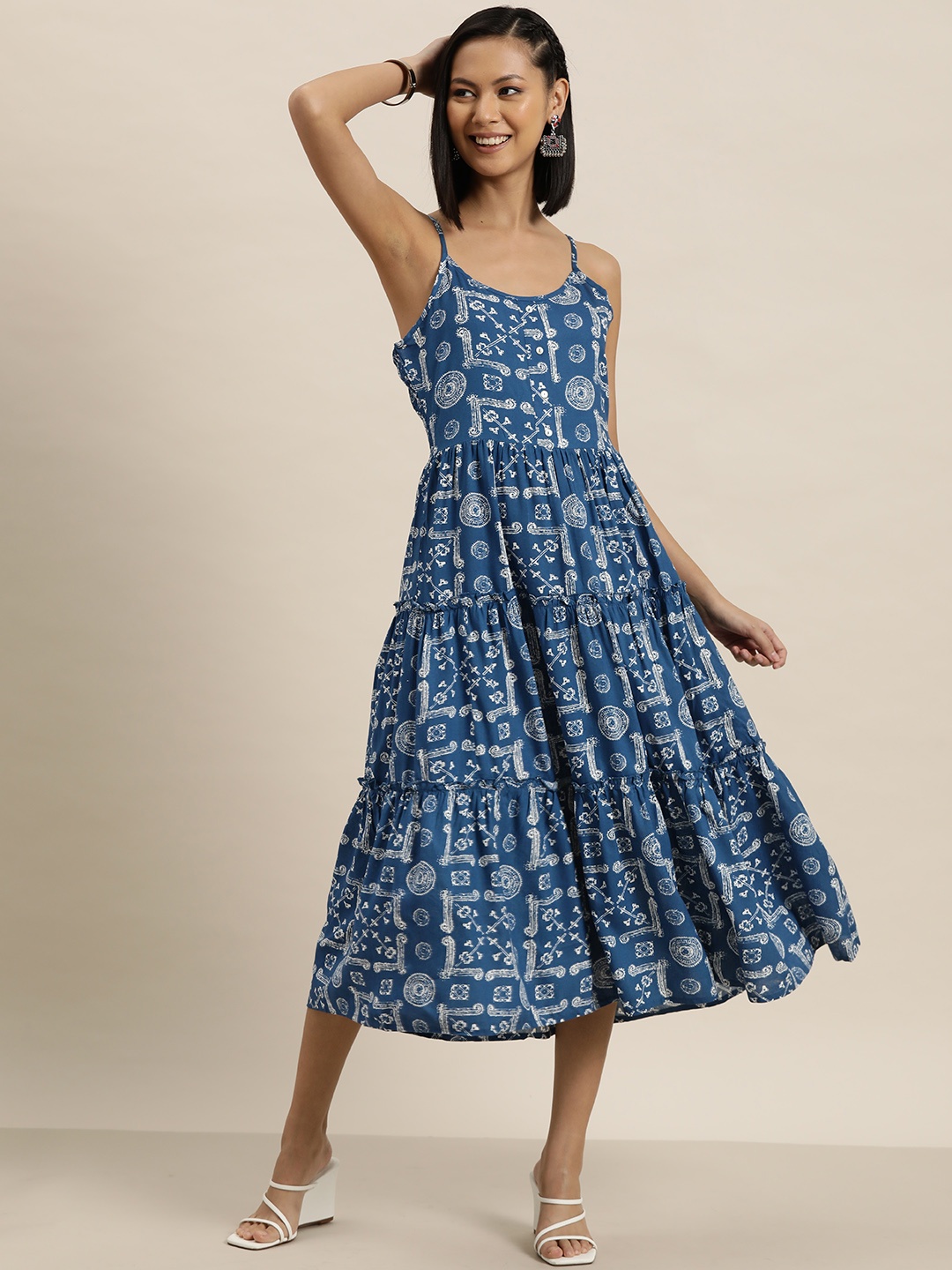 

HERE&NOW Ethnic Motifs Print A-Line Midi Dress, Blue