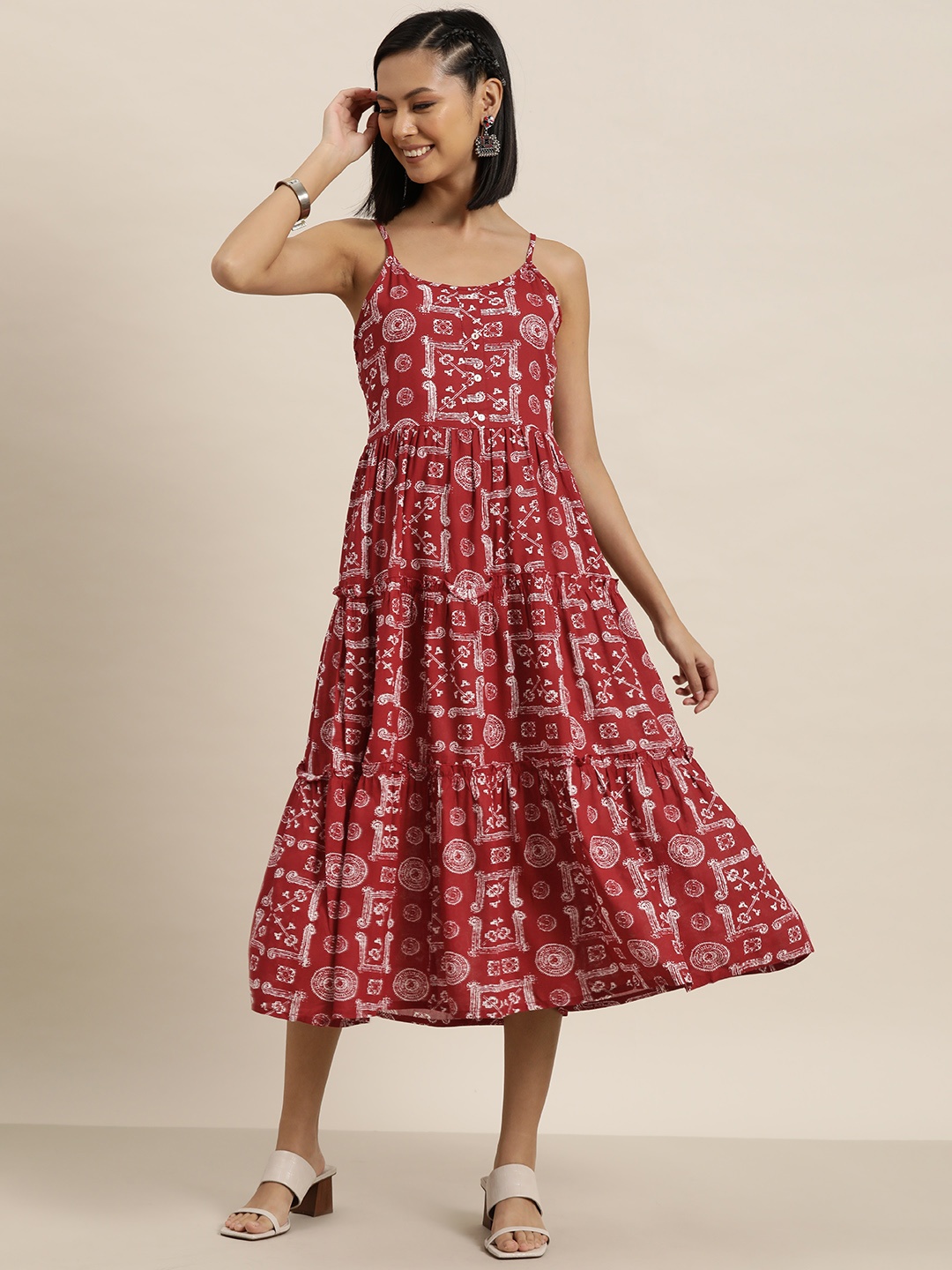 

HERE&NOW Ethnic Print A-Line Midi Dress, Red