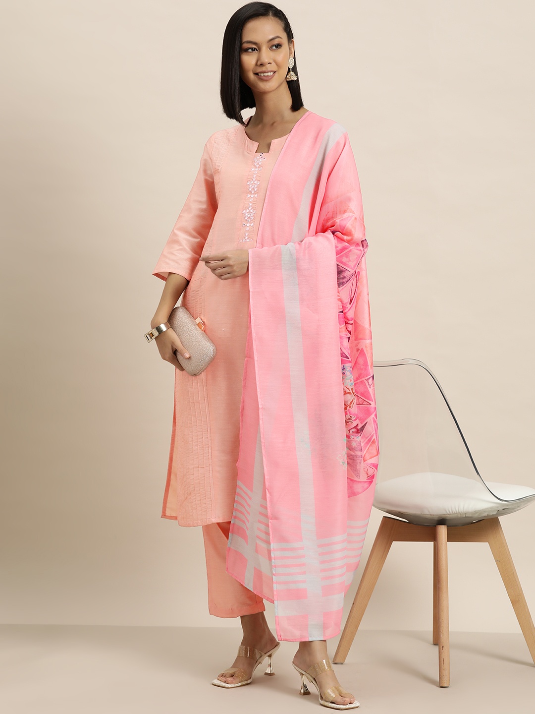 

HERE&NOW Mirror Work Kurta with Trousers & With Dupatta, Peach