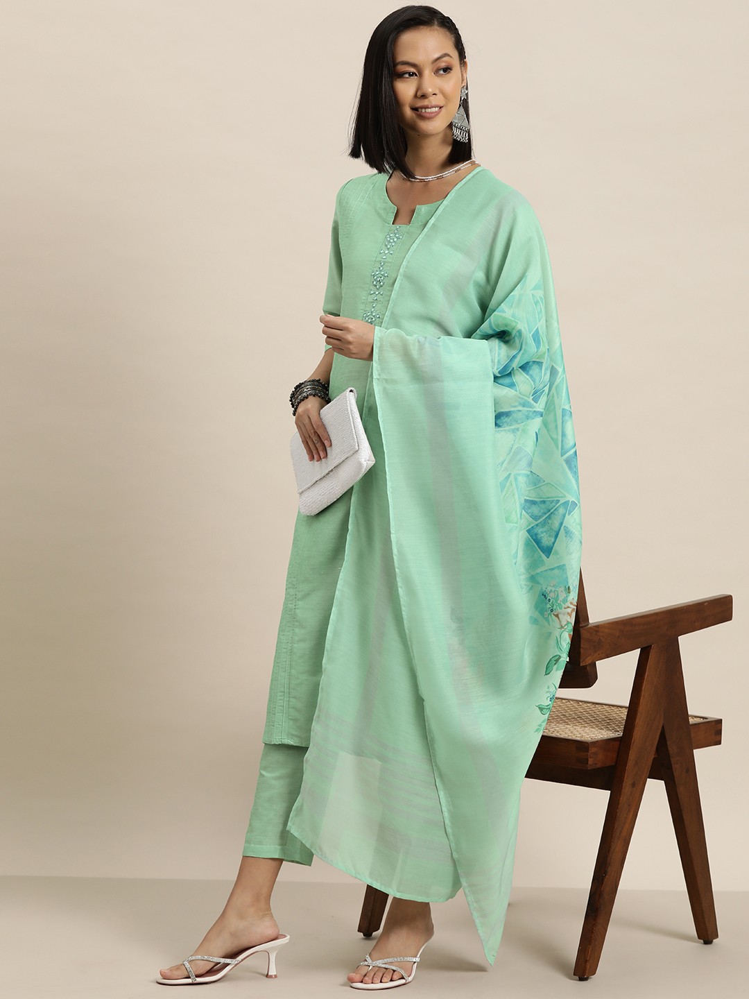 

HERE&NOW Regular Kurta With Trousers & Dupatta, Green