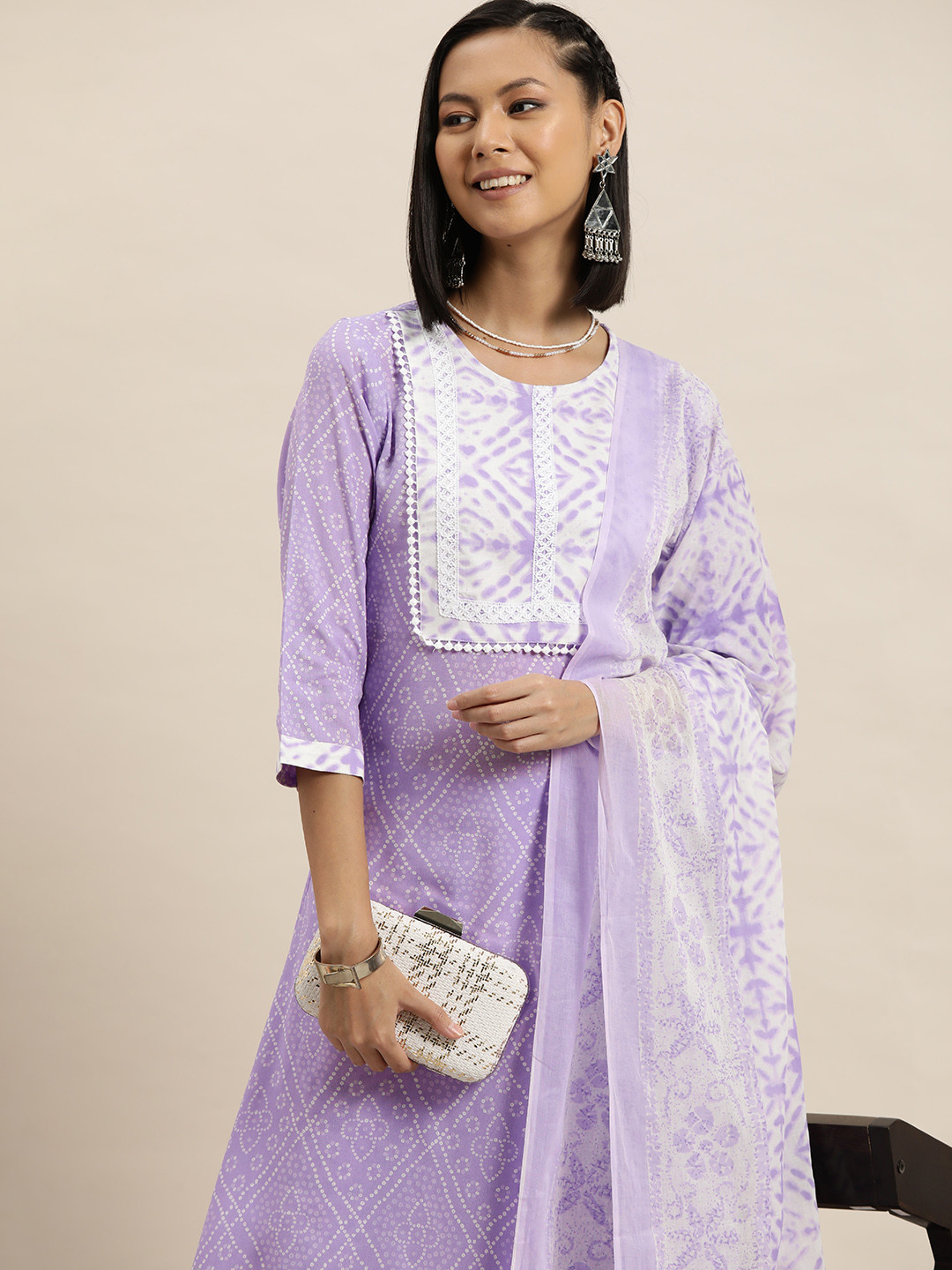 

HERE&NOW Bandhani Printed Regular Kurta With Trousers, Lavender