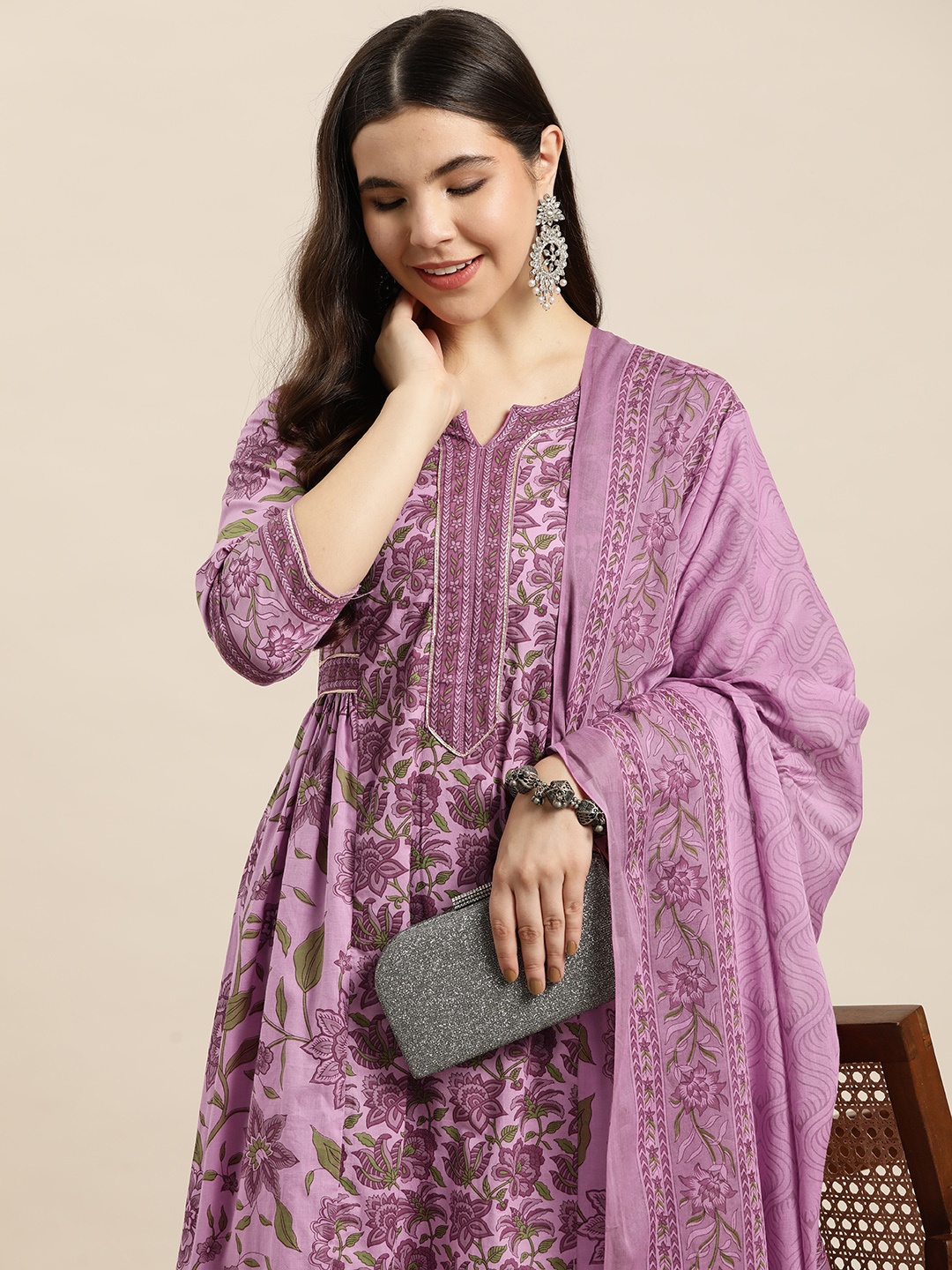 

HERE&NOW Floral Print Kurta with Trousers & With Dupatta, Lavender